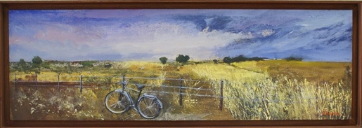 Σύνη Παπαγιάννη, ποδήλατο στο φράχτη, ακρυλικό σε ξύλο, 85 x 28 εκ.
