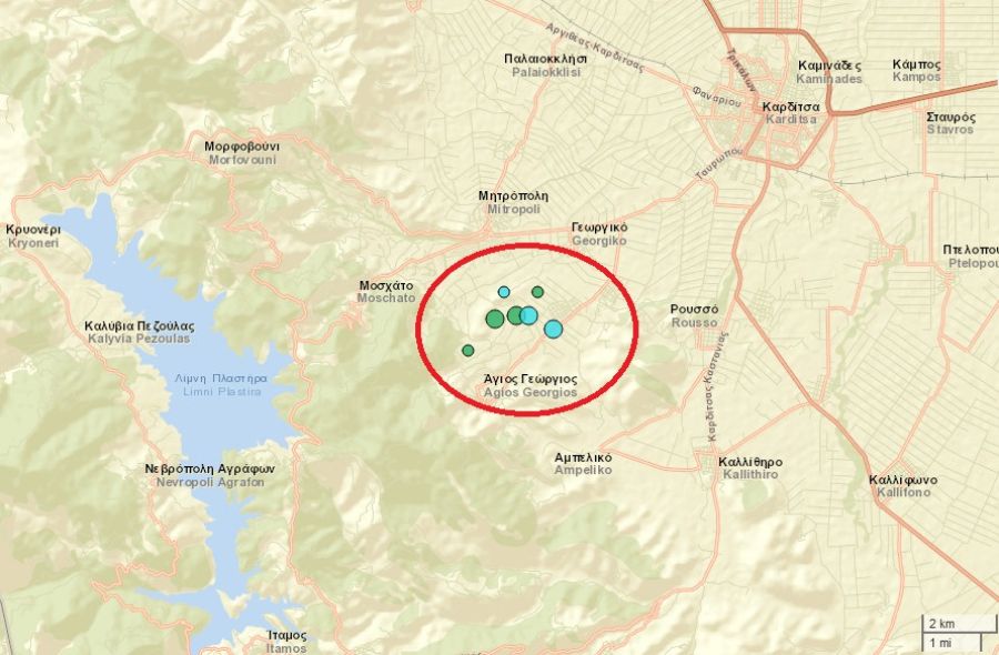 Αλλεπάλληλες ασθενείς σεισμικές δονήσεις καταγράφονται το Σάββατο (9/3) κοντά στην Καρδίτσα