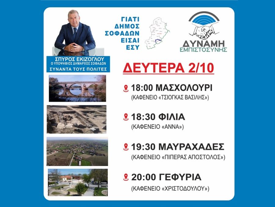 Δύναμη Εμπιστοσύνης: Πρόγραμμα επισκέψεων υποψηφίου Δημάρχου Σοφάδων Σπ. Εκίζογλου τη Δευτέρα (2/10)