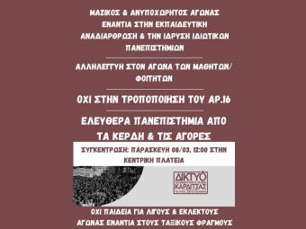 Κάλεσμα του Δικτύου Αλληλεγγύης σε συγκέντρωση την Παρασκευή (8/3) ενάντια στα ιδιωτικά πανεπιστήμια
