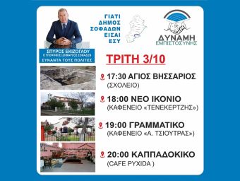 Δύναμη Εμπιστοσύνης: Πρόγραμμα επισκέψεων υποψηφίου Δημάρχου Σοφάδων Σπ. Εκίζογλου την Τρίτη (3/10)