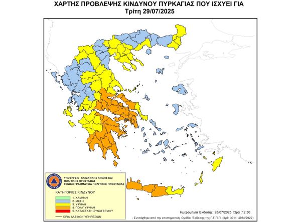 Υψηλός και πολύ υψηλός κίνδυνος πυρκαγιάς την Τρίτη (29/7) στο μεγαλύτερο τμήμα της χώρας