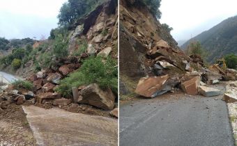 Τεράστιοι βράχοι και χώματα κατέπεσαν πάνω στο οδόστρωμα στα Κουμπουριανά Αργιθέας (+Φώτο)
