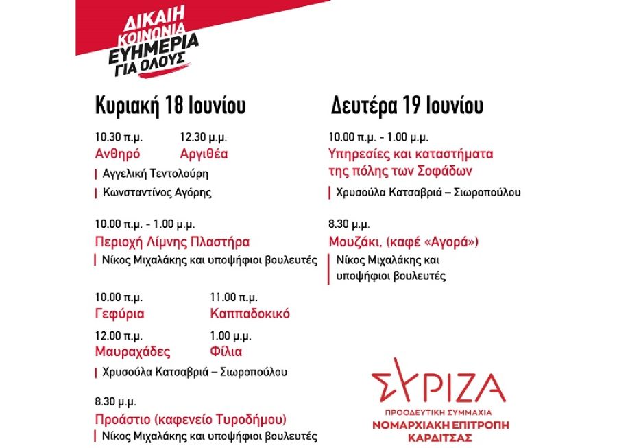 Ν.Ε. Καρδίτσας του ΣΥΡΙΖΑ-Π.Σ.: Περιοδείες κλιμακίων υποψηφίων Βουλευτών στις 18 και 19 Ιουνίου