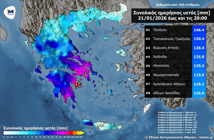 Ισχυρές βροχές και καταιγίδες με μεγάλα ύψη βροχής την Τετάρτη (21/1) - Ξεπέρασε τα 140 χιλ. στην περιοχή του Παπάγου