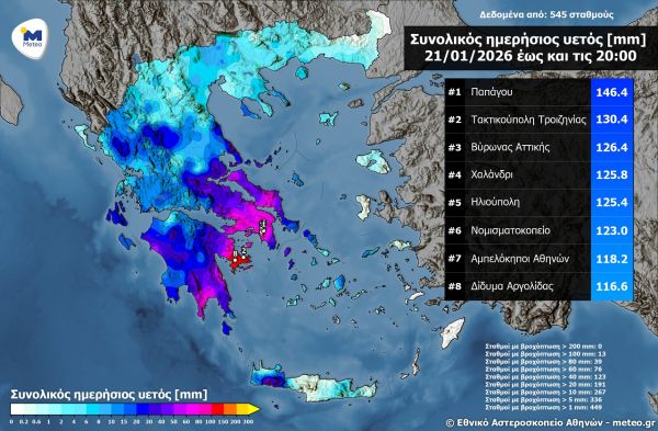 Ισχυρές βροχές και καταιγίδες με μεγάλα ύψη βροχής την Τετάρτη (21/1) - Ξεπέρασε τα 140 χιλ. στην περιοχή του Παπάγου