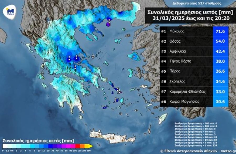 Σημαντικές κατά τόπους βροχοπτώσεις τη Δευτέρα (31/3) - Πρωτιά για τη Μύκονο!