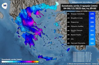 Κακοκαιρία "Byron": Οι περιοχές που δέχθηκαν τα μεγαλύτερα ύψη βροχής μέχρι το πρωί του Σαββάτου (6/12)