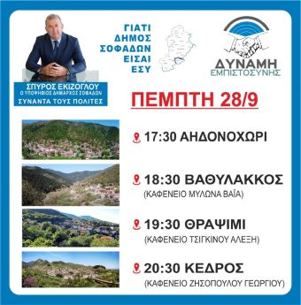 Δύναμη Εμπιστοσύνης: Το πρόγραμμα επισκέψεων του υποψηφίου Δημάρχου Σοφάδων Σπ. Εκίζογλου την Πέμπτη 28/9