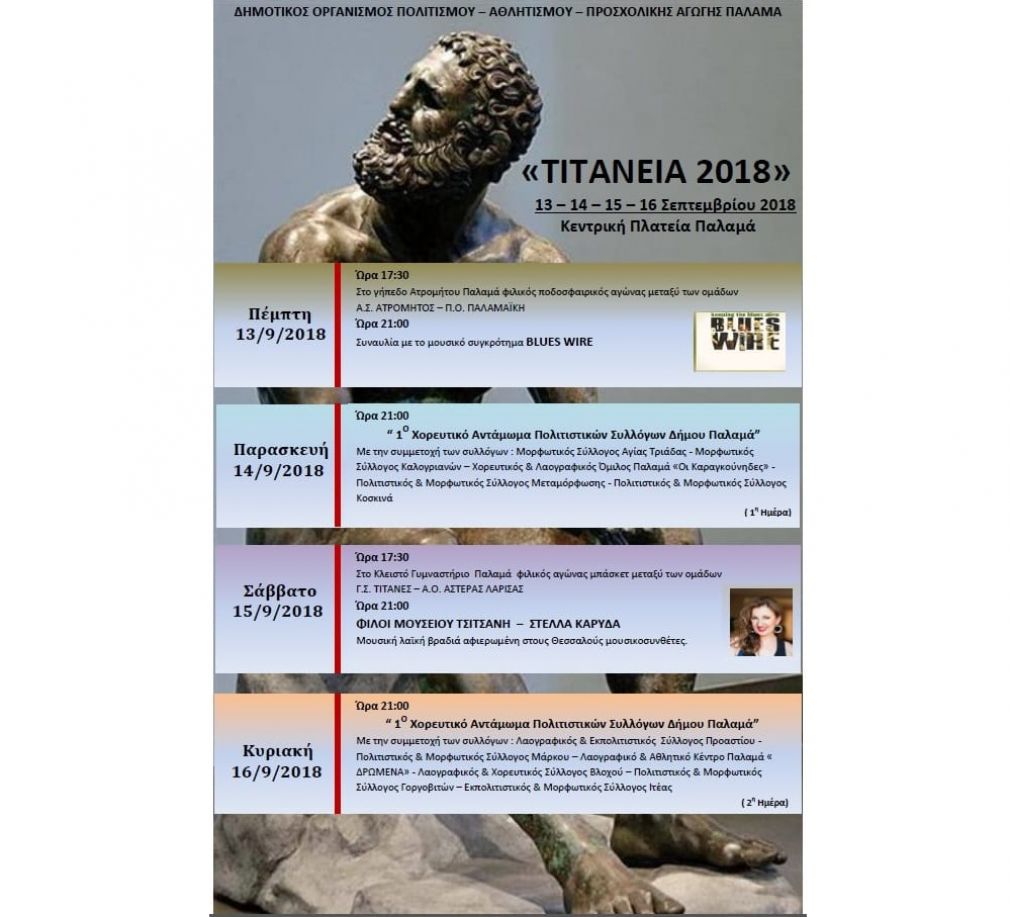 Τιτάνεια 2018: To πρόγραμμα των εκδηλώσεων το Σάββατο 15 Σεπτεμβρίου