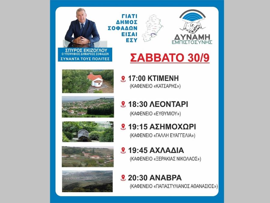 Το πρόγραμμα επισκέψεων του Υποψήφιου Δημάρχου Σοφάδων Σπ. Εκίζογλου το Σάββατο 30 Σεπτεμβρίου