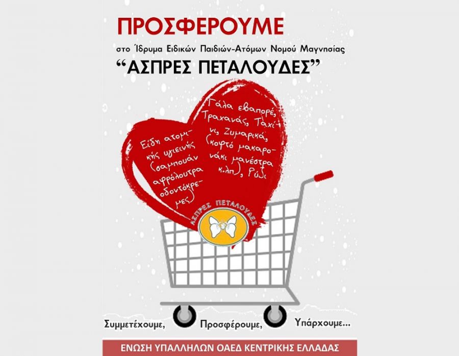 Ένωση Υπαλλήλων ΟΑΕΔ Κ.Ελλάδας: Εμείς και οι συμπολίτες μας προσφέρουμε για το Ίδρυμα Ειδικών Παιδιών - Ατόμων Νομού Μαγνησίας "Άσπρες Πεταλούδες"