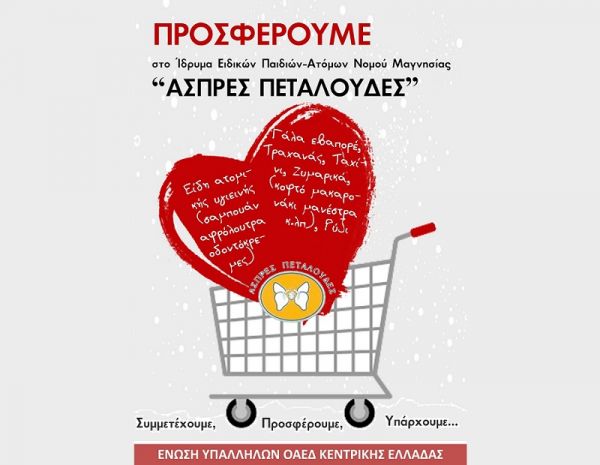 Ένωση Υπαλλήλων ΟΑΕΔ Κ.Ελλάδας: Εμείς και οι συμπολίτες μας προσφέρουμε για το Ίδρυμα Ειδικών Παιδιών - Ατόμων Νομού Μαγνησίας "Άσπρες Πεταλούδες"