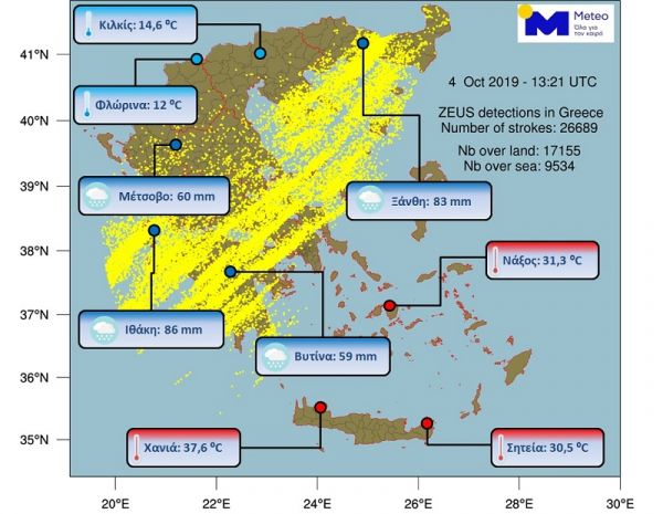 Εθνικό Αστεροσκοπείο: 27.000 κεραυνοί, μεγάλα ύψη βροχής και 37,6 βαθμοί στα Χανιά!