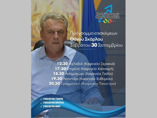 Πρόγραμμα επισκέψεων του Δημάρχου Σοφάδων και εκ νέου Υποψηφίου Θάνου Σκάρλου για το Σάββατο 30 Σεπτεμβρίου